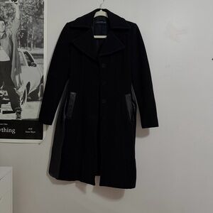 Black Wool Coat with Leather Accents